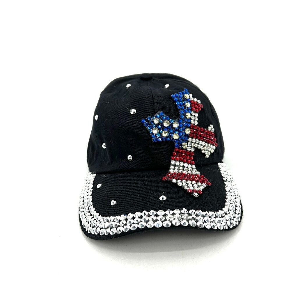 NWOT Gag Gift Womens Black Silver American Flag Cross Bling Adjustable Back Hat